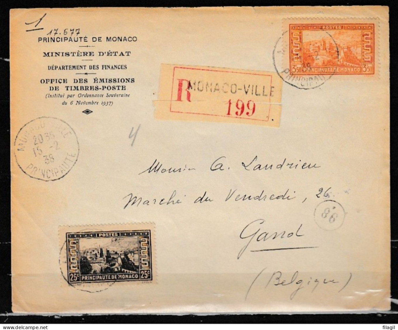 Recommandée Brief Van Monaco-Ville Naar Gand (Belgie) Principauté De Monaco Ministére D'Etat - Lettres & Documents