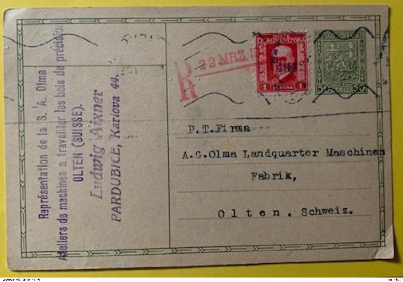 20104 - Carte  50 H + Supplément 1 K. Pardubice 22.03.1929 Pour Olten - Cartes Postales