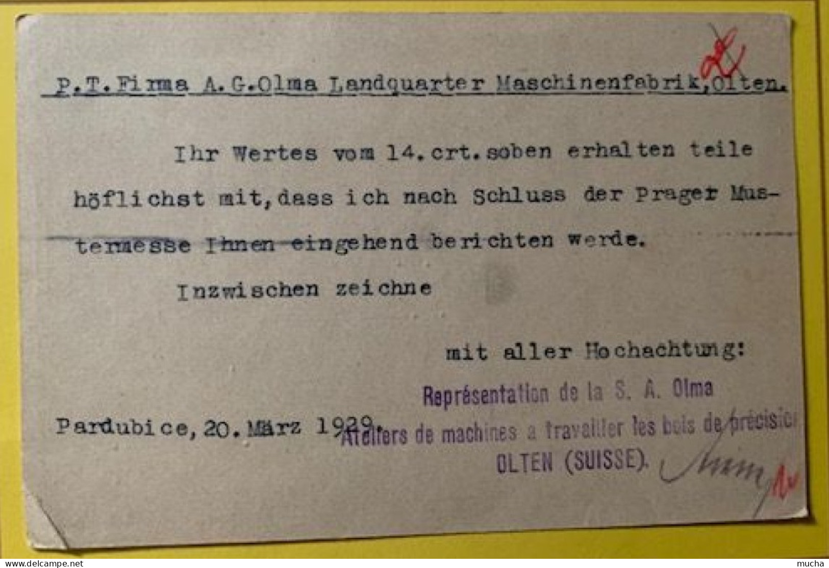 20104 - Carte  50 H + Supplément 1 K. Pardubice 22.03.1929 Pour Olten - Cartoline Postali