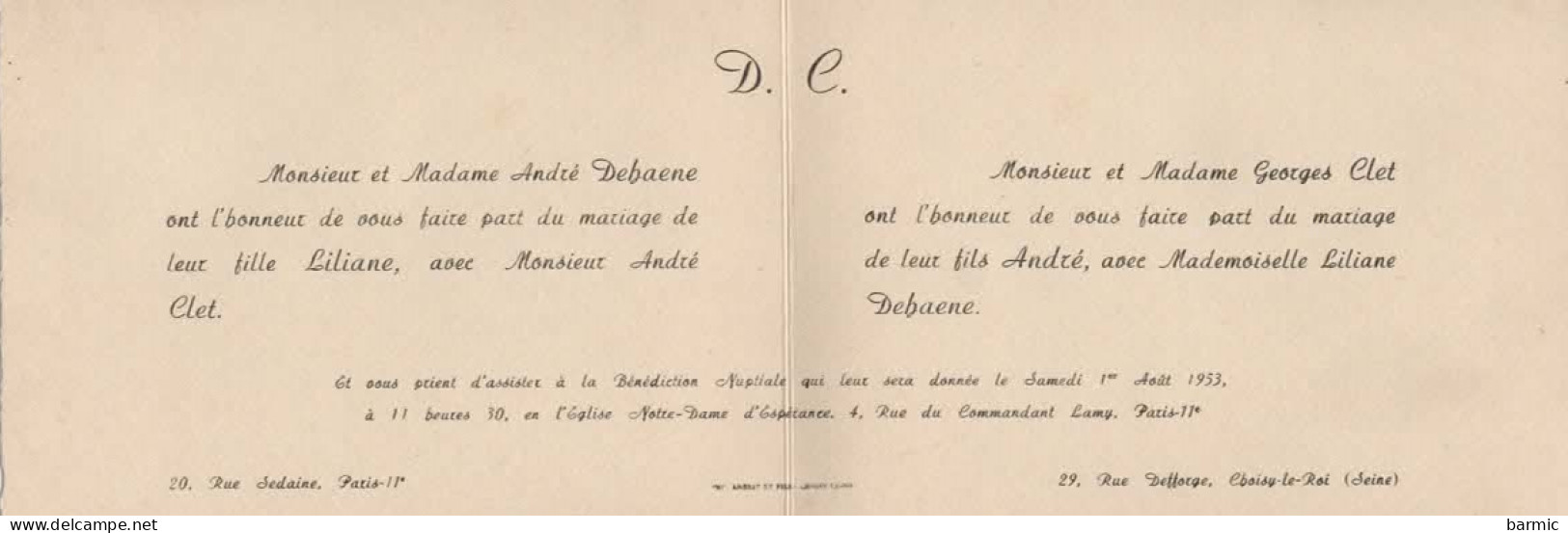 FAIRE PART DE MARIAGE,  LILIANE DEBAENE ET ANDRE CLET 1/8/1953  REF 13833 VOL - Hochzeit