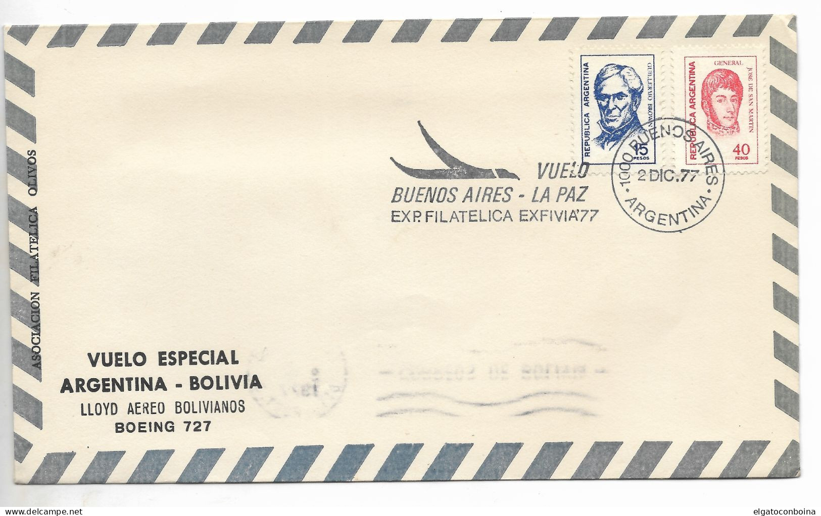 ARGENTINA 1977 SPECIAL FLIGHT BUENOS AIRES- LA PAZ EXFIVIA 77 AVIATION POSTMARKS - FDC