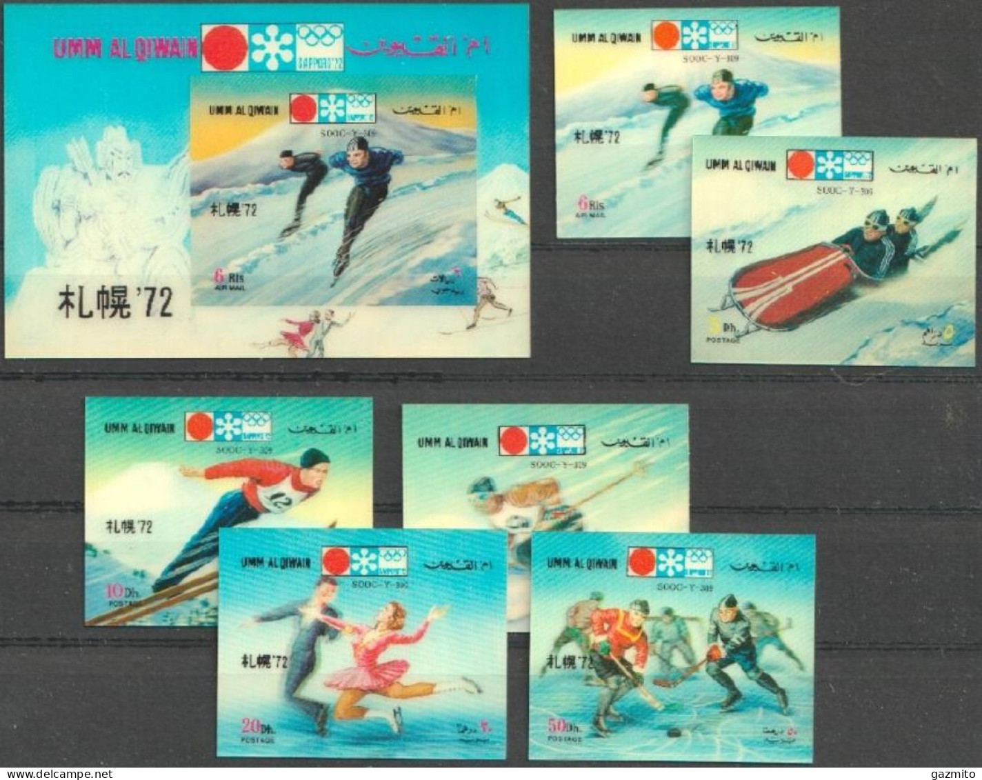 Umm Al Qiwain 1972, Olympic Games In Sapporo, Skiing, Ice Hockey, Skating, 6val +Blocks In 3D - Eiskunstlauf