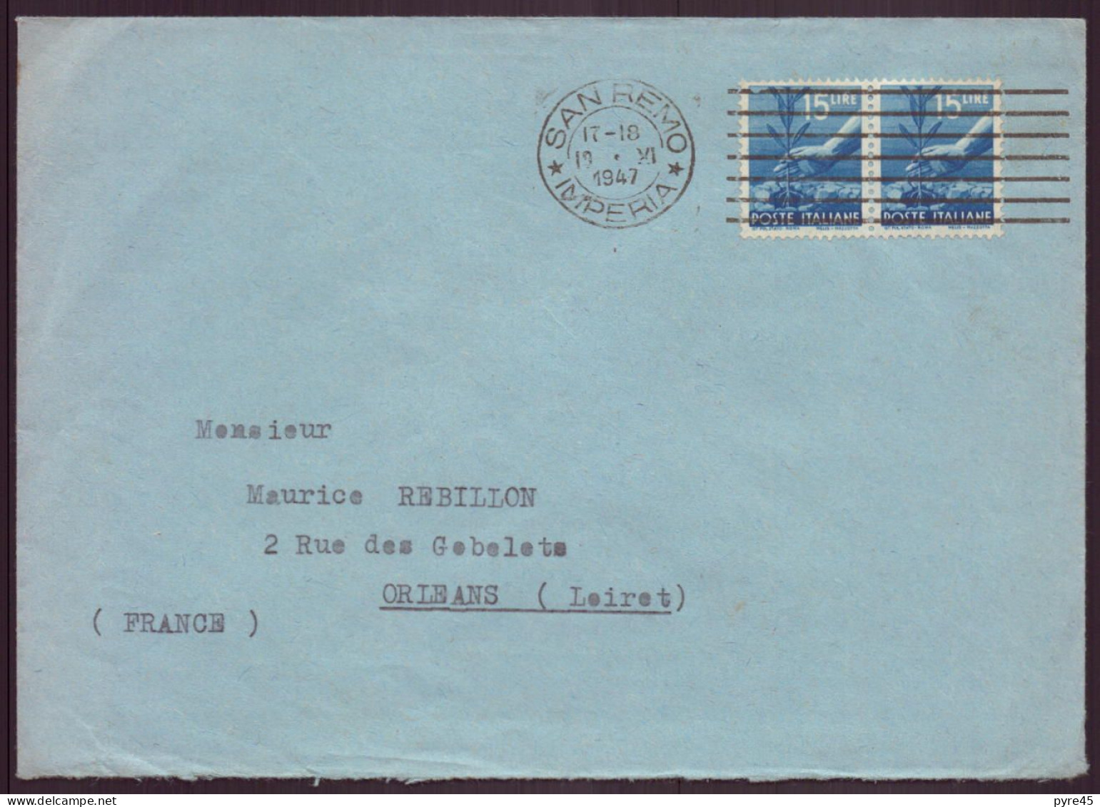 ITALIE ENVELOPPE DE 1947 SAN REMO POUR ORLEANS - 1946-47 Corpo Polacco Periode