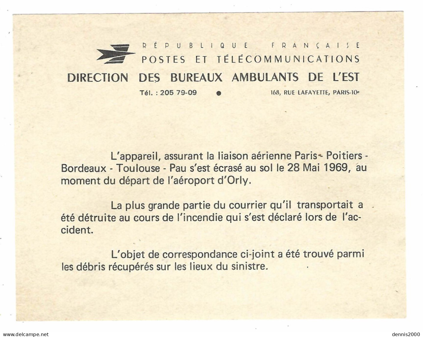 28 Mai 1969 - Paris-Bordeaux  D C 4 Pilote Départ D' Orly -  Avec La Note Imprimée Des P T T - Crash Post