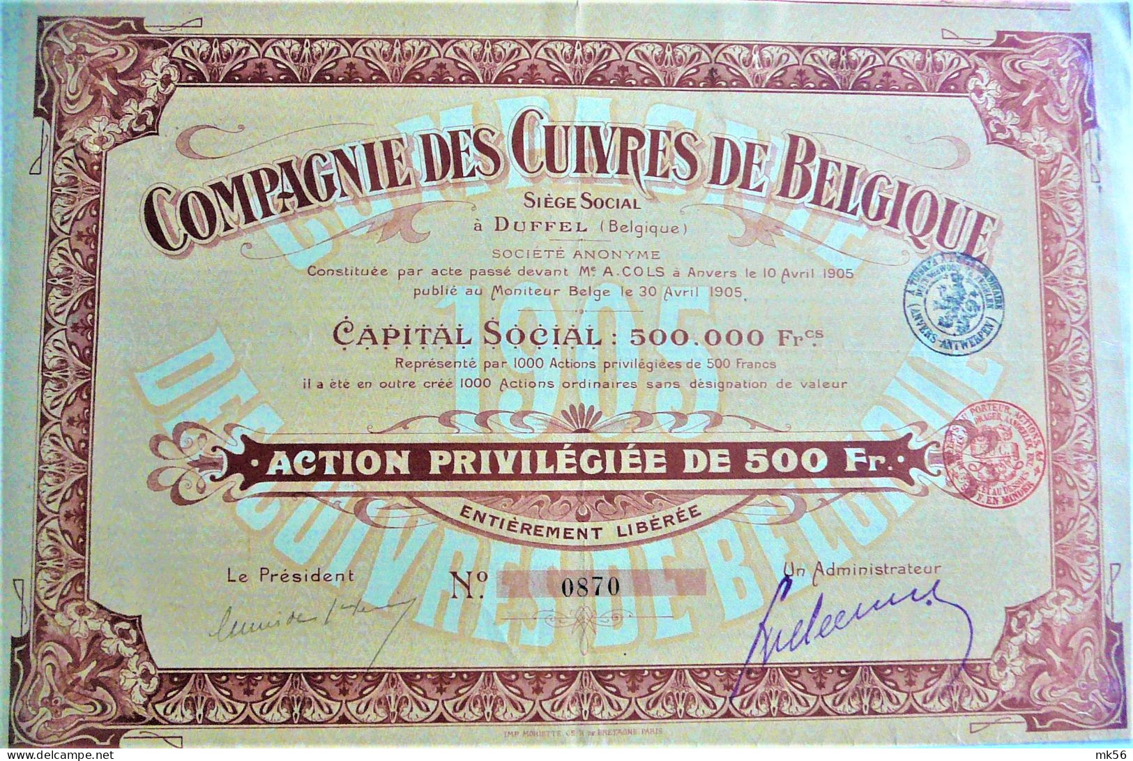 Compagnie Des Cuivres De Belgique-action Priviligiée (1905) - Duffel - Industrie