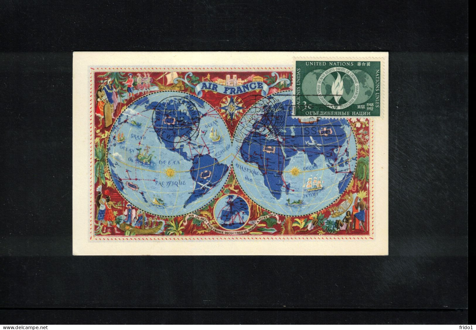 UN New York 1952 Human Rights Day Interesting Maximum Card With First Day Postmark - Maximumkarten