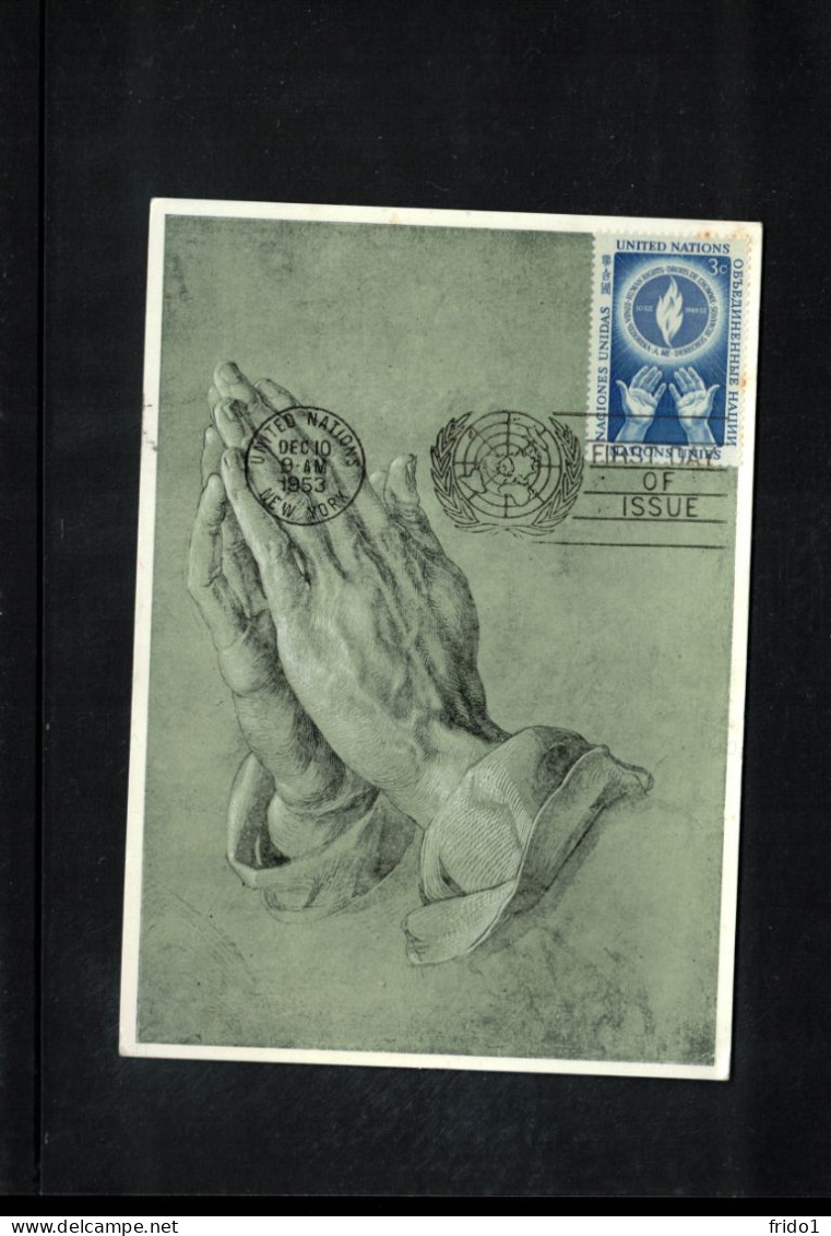UN New York 1953 Human Rights Day Interesting Maximum Card With First Day Postmark - Tarjetas – Máxima