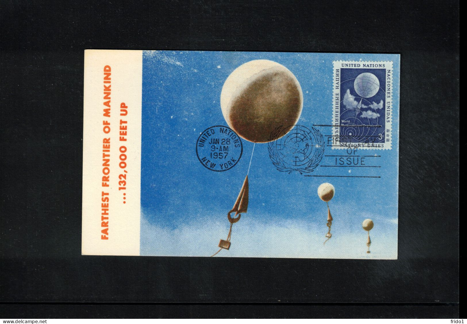 UN New York 1957 WMO World Meteorology Organisation Interesting Maximum Card With First Day Postmark - Cartes-maximum