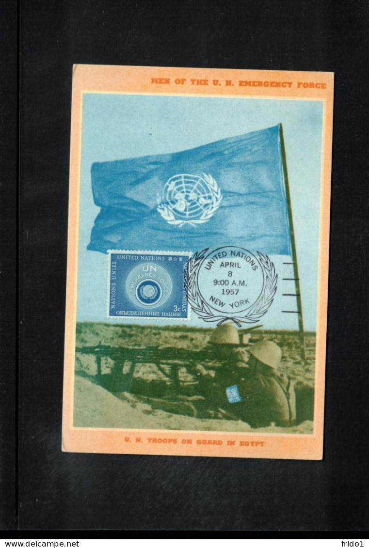 UN New York 1957 UNEF Interesting Maximum Card With First Day Postmark - Maximumkaarten