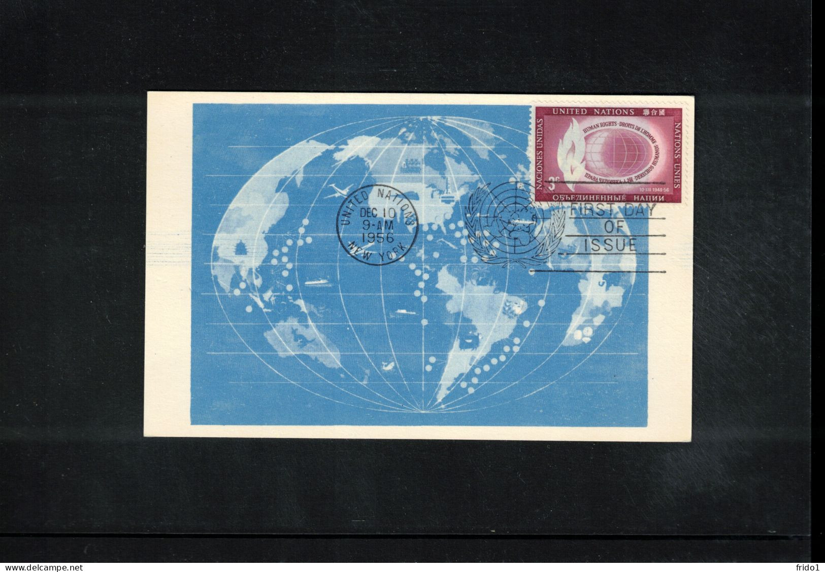 UN New York 1956 Human Rights Day Interesting Maximum Card With First Day Postmark - Cartes-maximum
