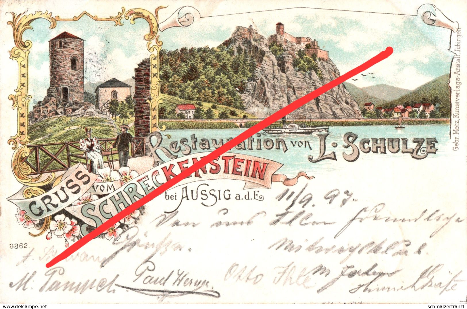 Litho AK Burg Schreckenstein Strekov Gasthof Dampfer Fähre Außig Usti Nad Labem Wannow Vanov Neudörfl Obersedlitz Birnai - Sudeten