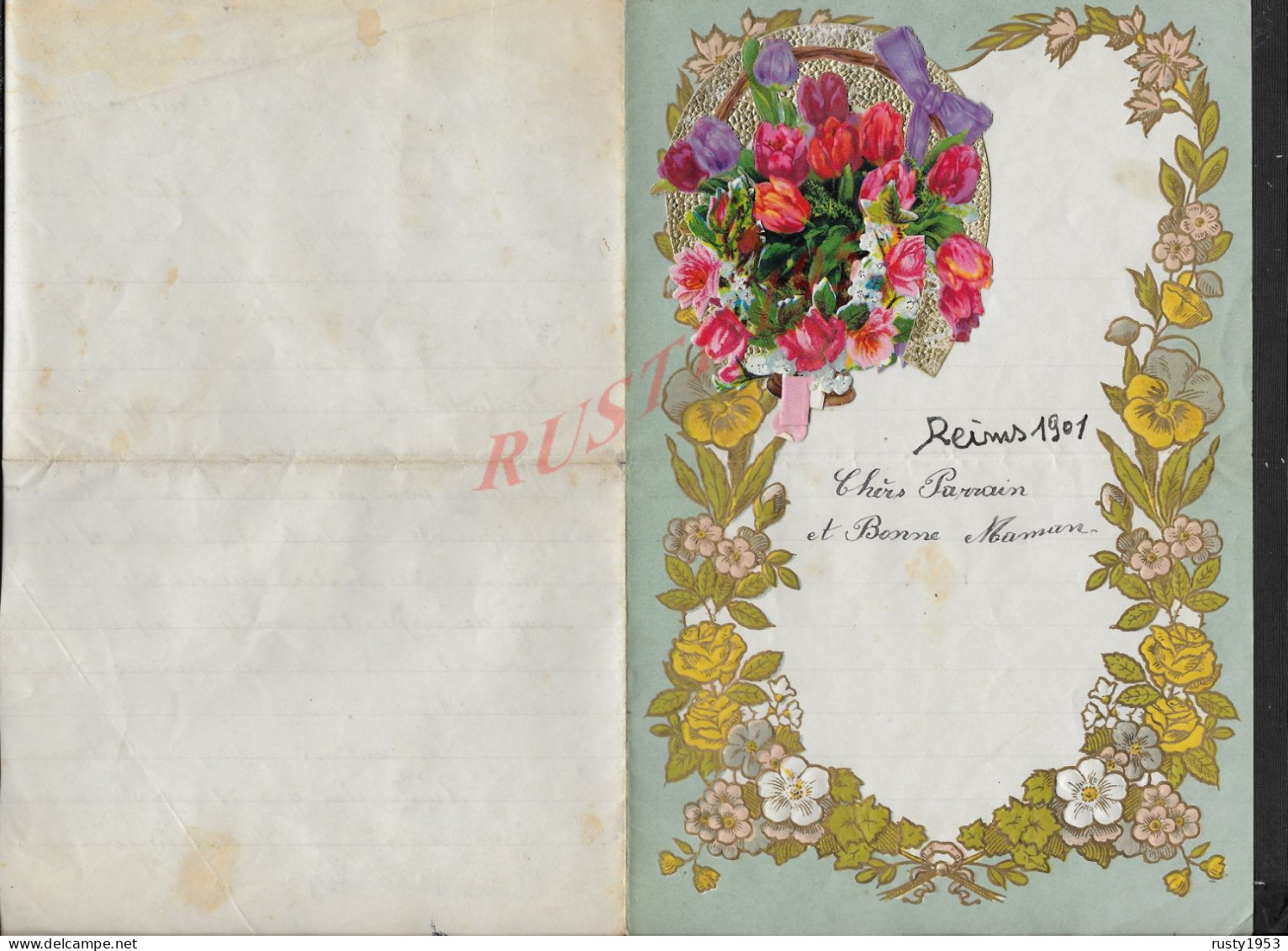 ANCIENNE LETTRE ECRITE DE REIMS 1901 DECOUPIS BOUQUET DE FLEURS ( FLEUR ) : - Flores