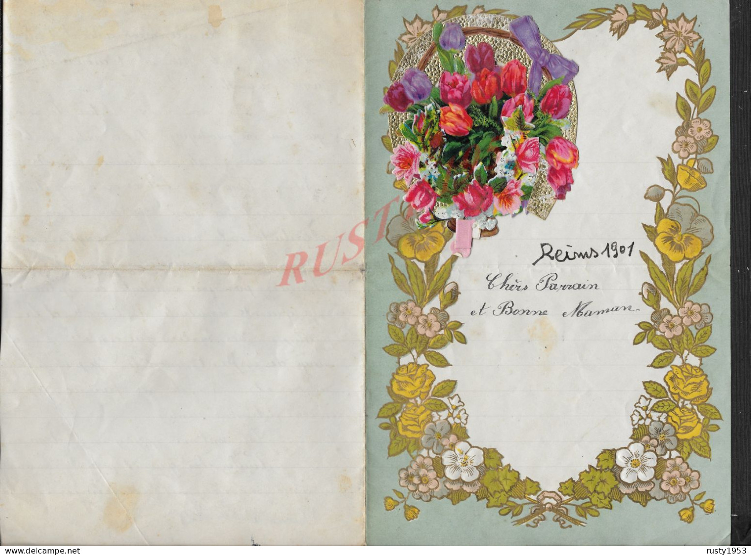 ANCIENNE LETTRE ECRITE DE REIMS 1901 DECOUPIS BOUQUET DE FLEURS ( FLEUR ) : - Bloemen