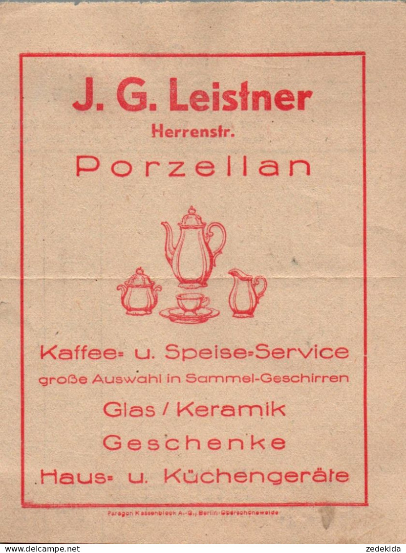 B5304 - Chemnitz J.G. Leistner Porzellan Rechnung - 1900 – 1949