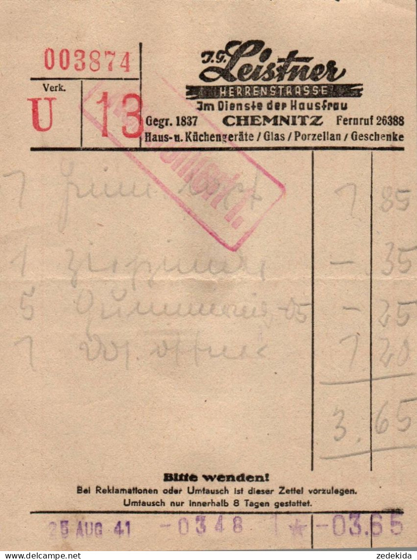 B5304 - Chemnitz J.G. Leistner Porzellan Rechnung - 1900 – 1949