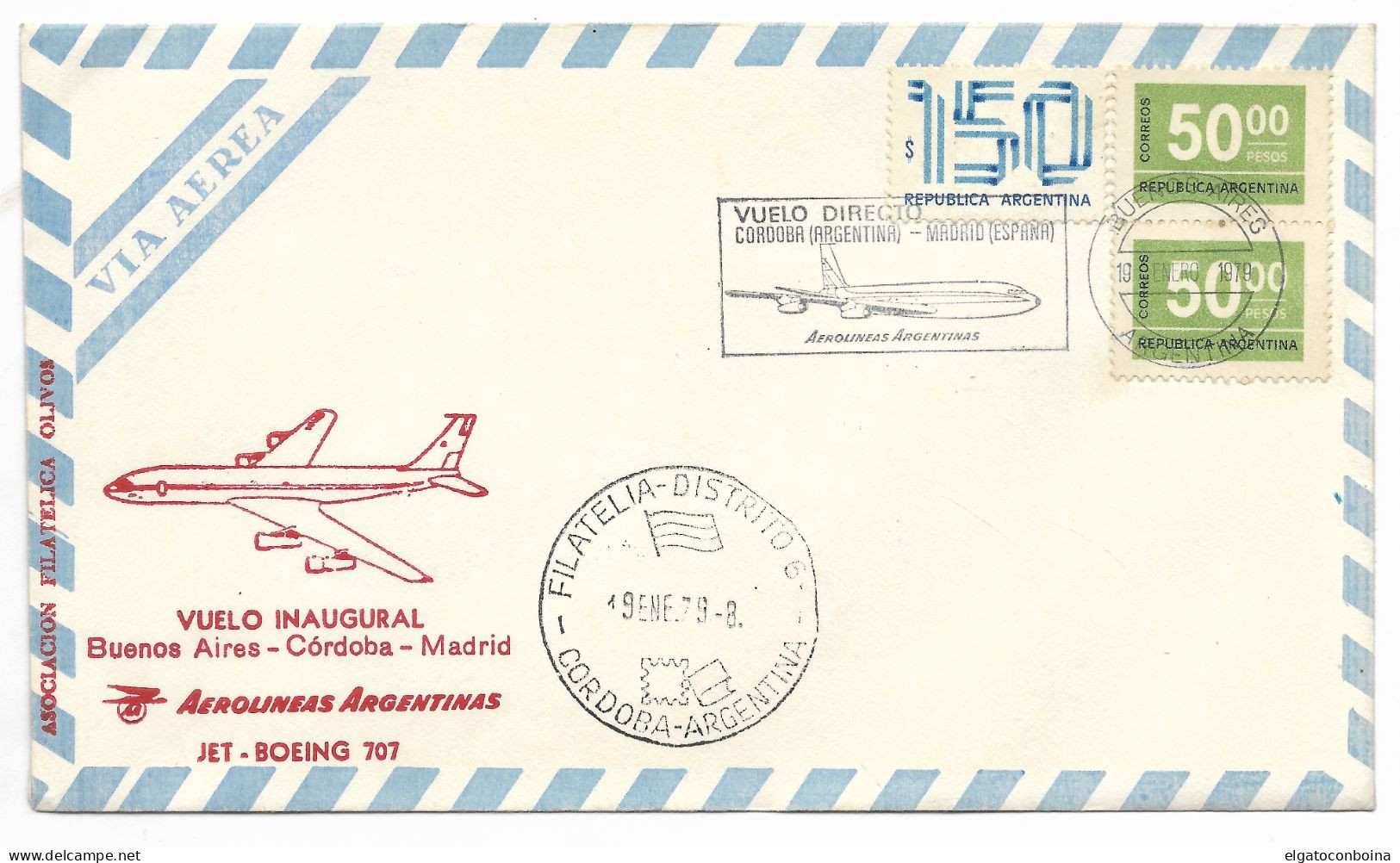 ARGENTINA 1979 INAUGURAL FLIGHT CORDOBA MADRID AVIATION PLANE COVER POSTMARKS - FDC