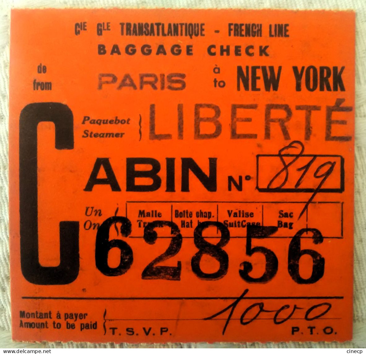 Paquebot Liberté Cie Générale Transatlantique French Line Paris New York Ticket De Bagage Baggage Check Cabine 819 - Other & Unclassified