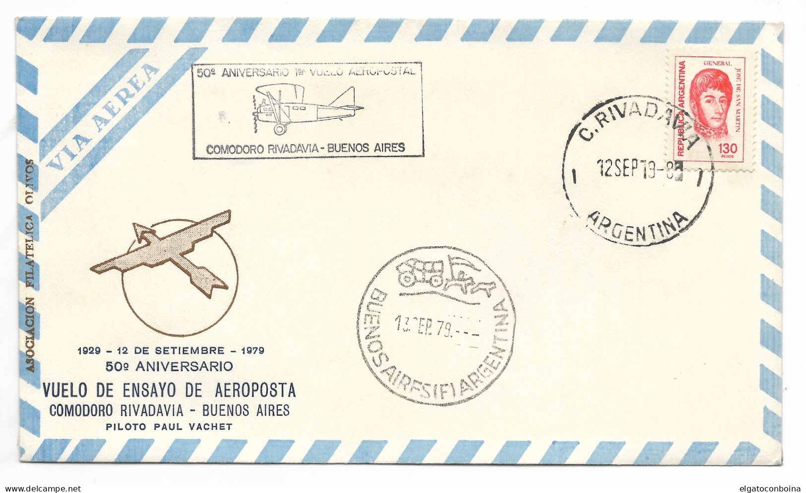 ARGENTINA 1979 50 ANNIV. OF FIRST ESSAY FLIGHT COMODORO RIVADAVIA AVIATION PLANE - FDC