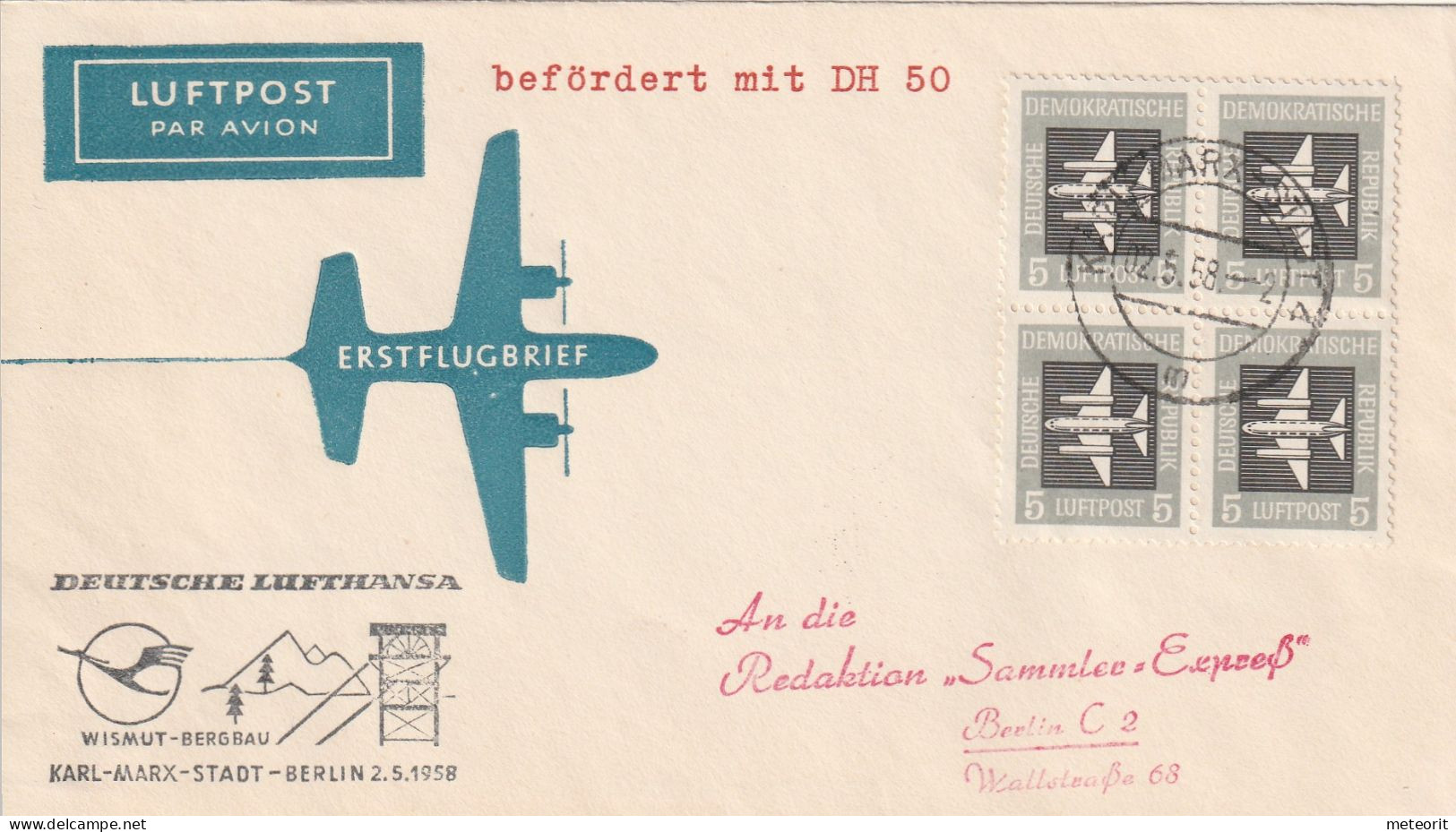 Erstflug DLH 50 KARL-MARX-STADT-BERLIN 2.5.1958 MiNr. 609 4-er Block, KARL-MARX-STADT 4 M 02.5.58 --2 - Poste Aérienne