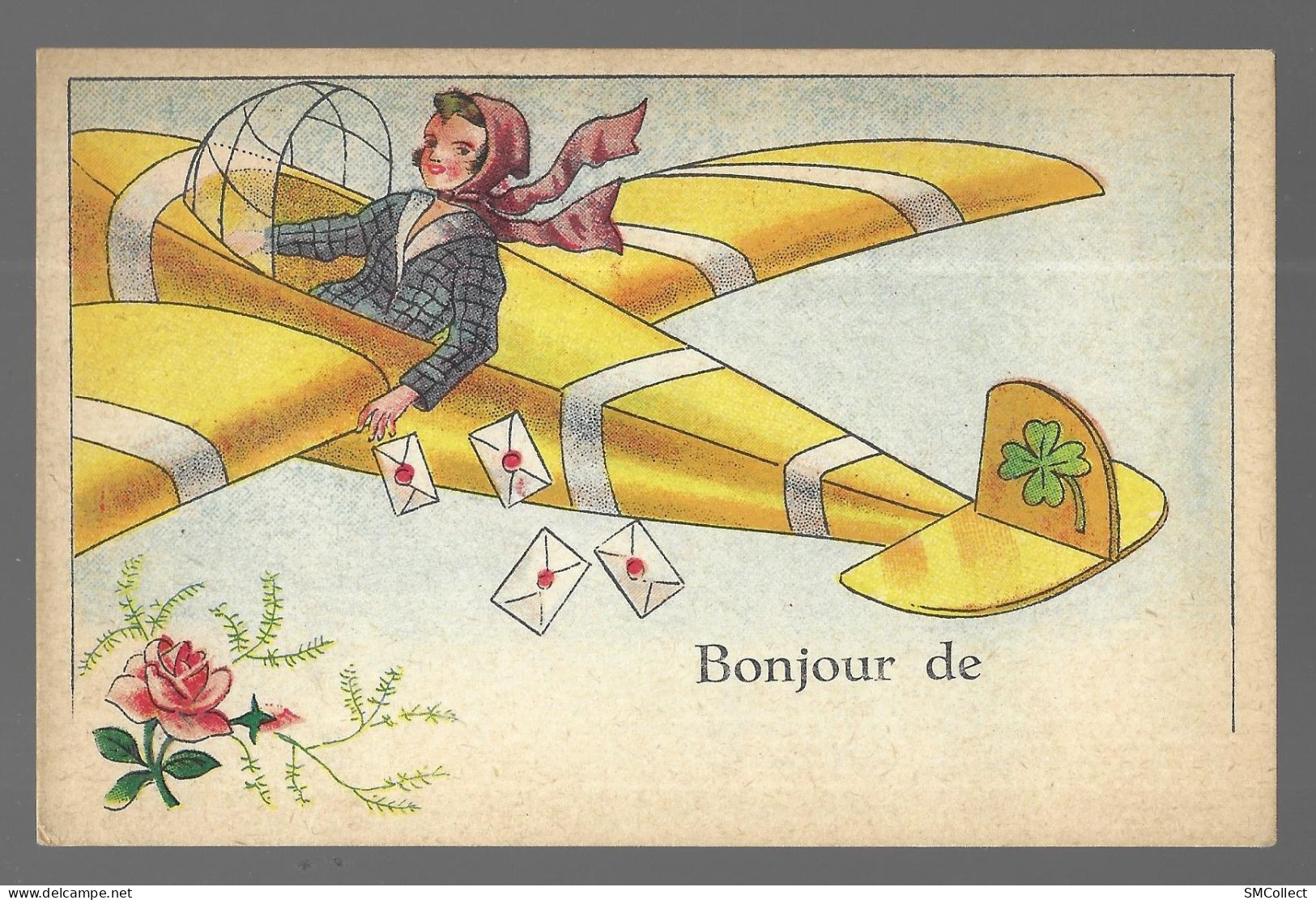 Bonjour De ... Jolie Carte "à Remplir" Non Circulée. Jeune Femme, Avion, Courrier Postal ... (4660) - Saluti Da.../ Gruss Aus...