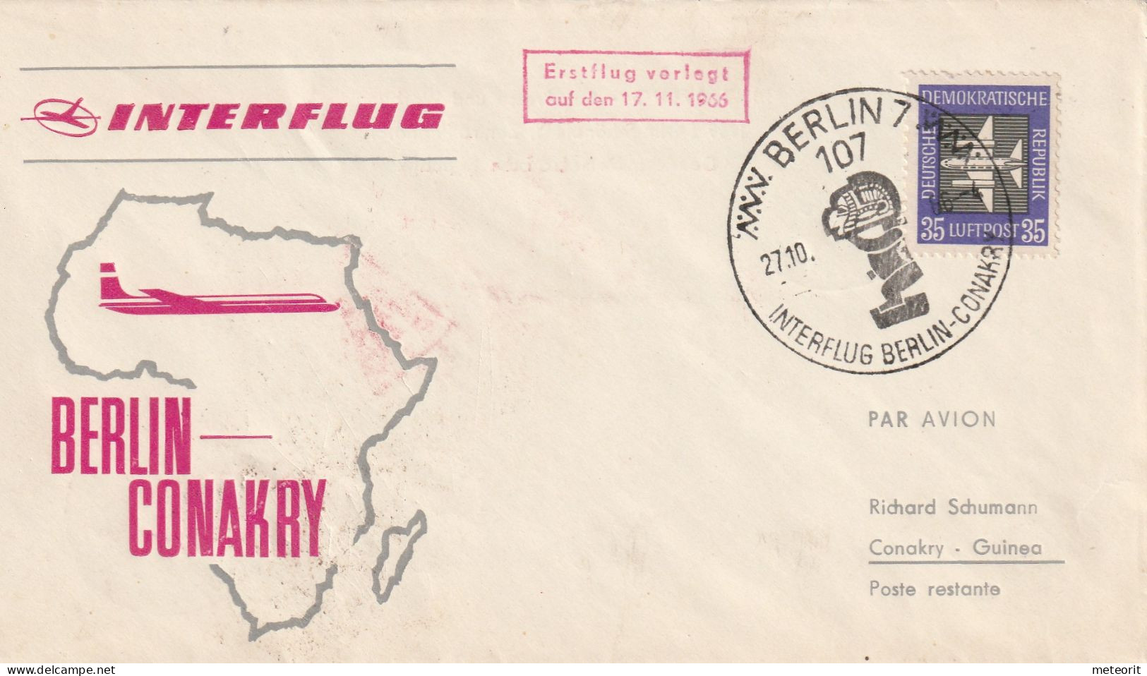 Erstflug BERLIN-CONAKRY GUINEA 17.11.1966 MiNr. 611, 107 BERLIN 7 27.10.66 -4, Rückseitig Ankunftsstempel - Poste Aérienne