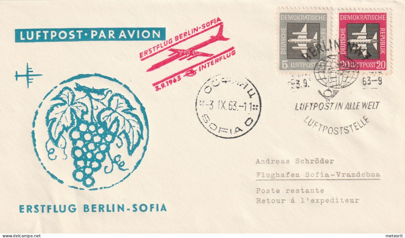 Erstflug BERLIN-SOFIA 3.9.1963 MiNr. 609+610, BERLIN NW 7 -3.9.63 --9, - Posta Aerea