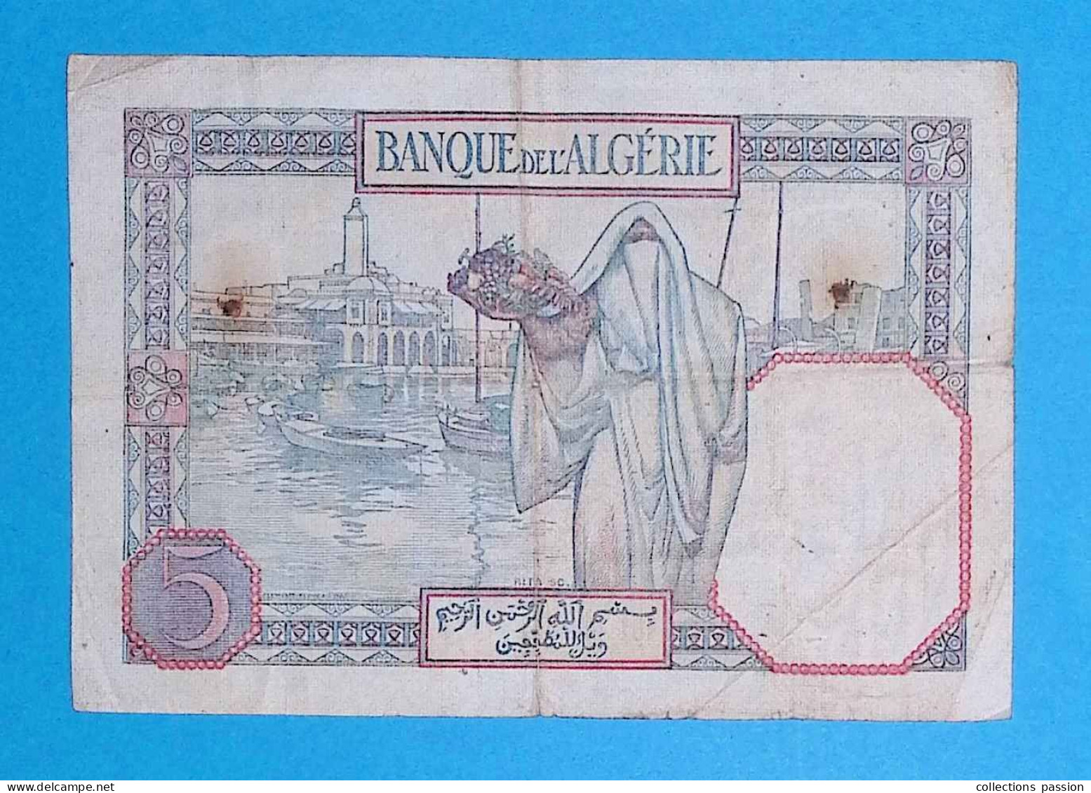 Billet, Banque De L'ALGERIE, Cinq, 5 Francs, 11-9-1941, 2 Scans - Argelia