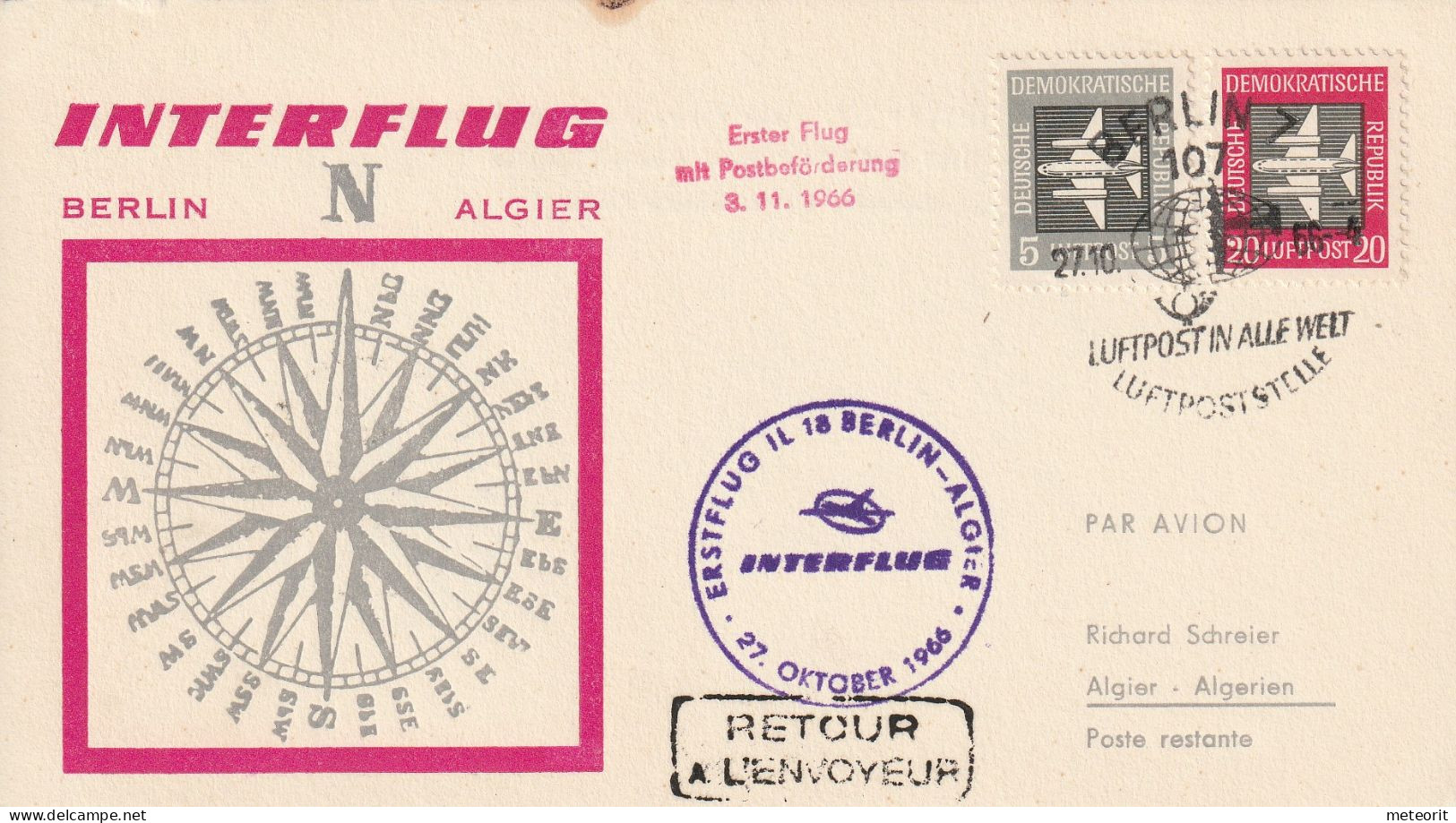 Erstflug BERLIN-ALGIER 27.10.1966 MiNr. 609+610, 107 BERLIN 7 27.10.66 -4, - Poste Aérienne