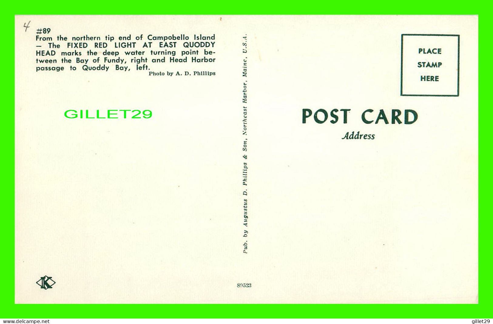 CAMPOBELLO ISLAND, NB - THE FIXED RED LIGHT AT EAST QUODDY HEAD -  PUB. BY AUGUSTUS D. PHILLIPS & SON - - Altri & Non Classificati