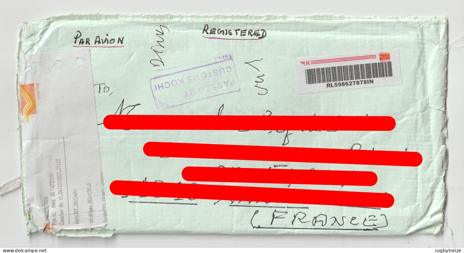 7430 Lettre Cover 2023 Recommandé Registered INDE INDIA PASSED BY CUSTOMS KOCHI MAHE - Storia Postale