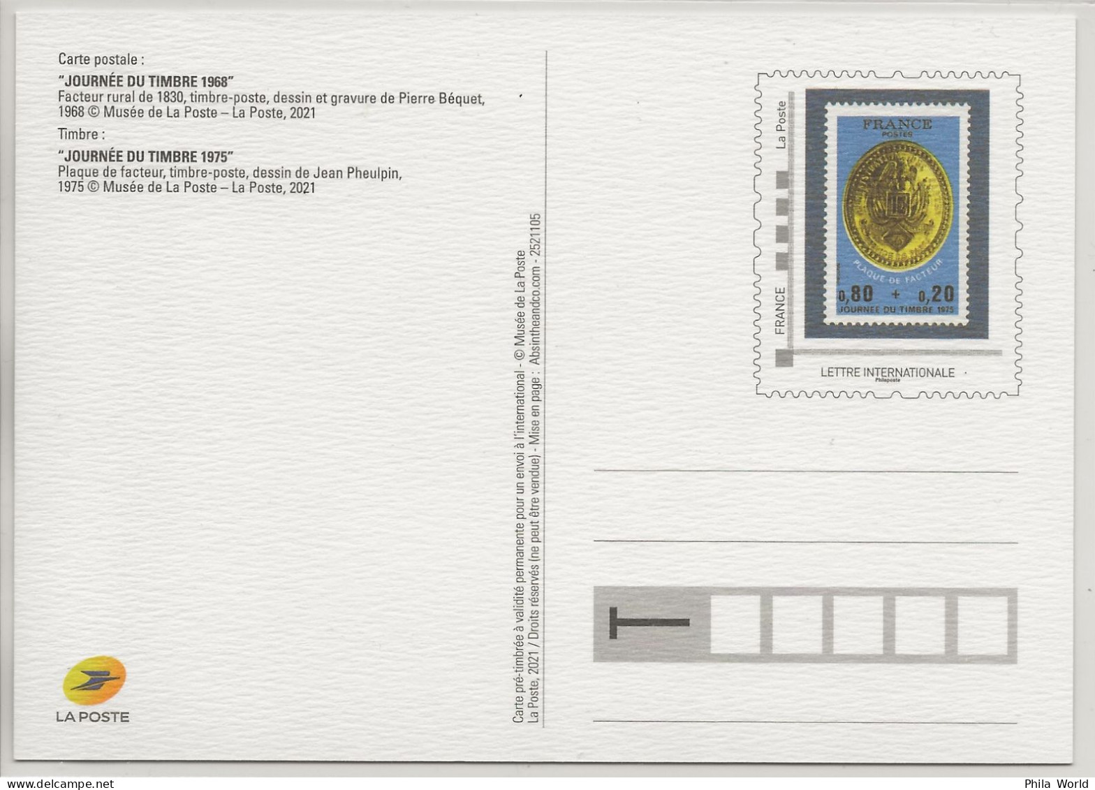 FRANCE 2021 Journée Timbre 1968 Facteur Rural 1830 Entier Postal PàP TSC La Poste Musée Plaque 1975 Postal Stationery - Prêts-à-poster: TSC Et Repiquages Semi-officiels