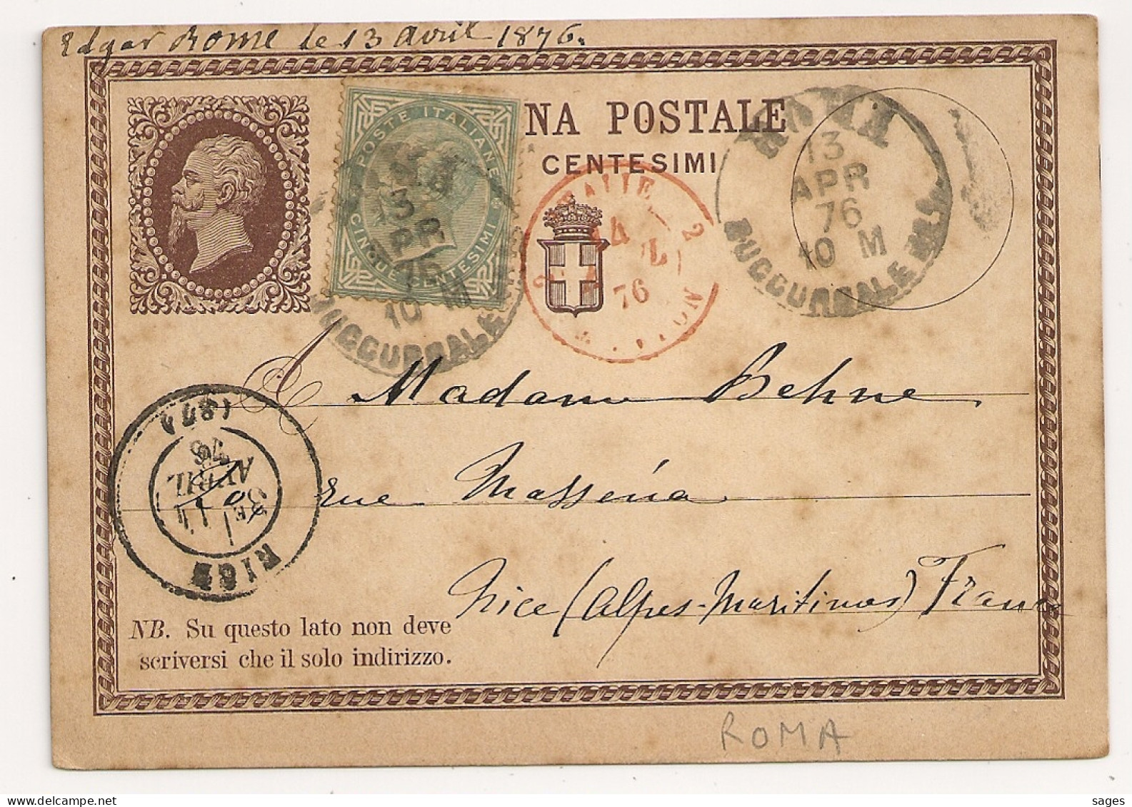 CARTOLINA POSTALE ROMA TO NICE . 1876 - Entero Postal