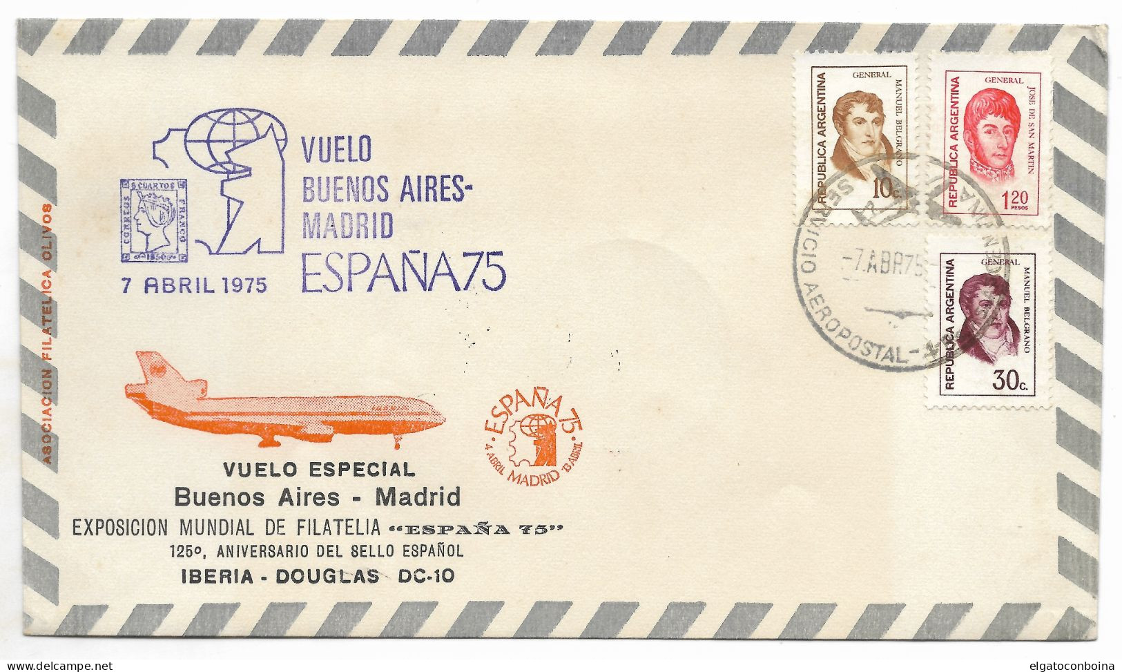 ARGENTINA 1975 SPECIAL FLIGHT BUENOS AIRES MADRID ESPAÑA 75 EXPO AVIATION PLANE - FDC