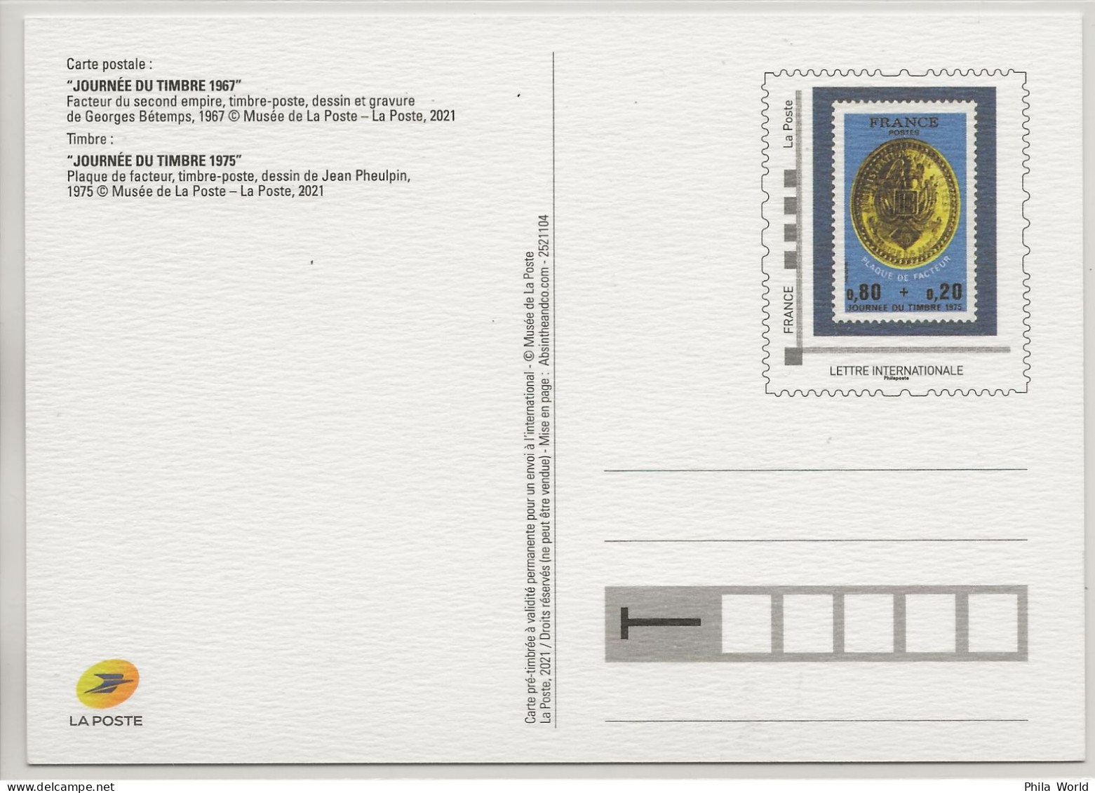 FRANCE 2021 Journée Timbre 1967 Facteur Second Empire Entier Postal PàP TSC La Poste Musée Plaque 1975 Postal Stationery - Prêts-à-poster: TSC Et Repiquages Semi-officiels