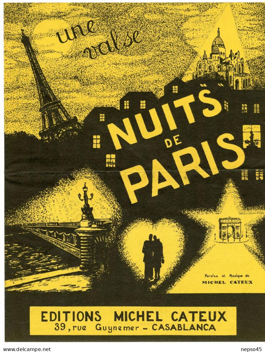 Partition Musique.Nuit De Paris.Tour Eiffel.Sacré-Coeur.La Seine Arc Triomphe Place De L'étoile Amoureux.1956. - Other & Unclassified