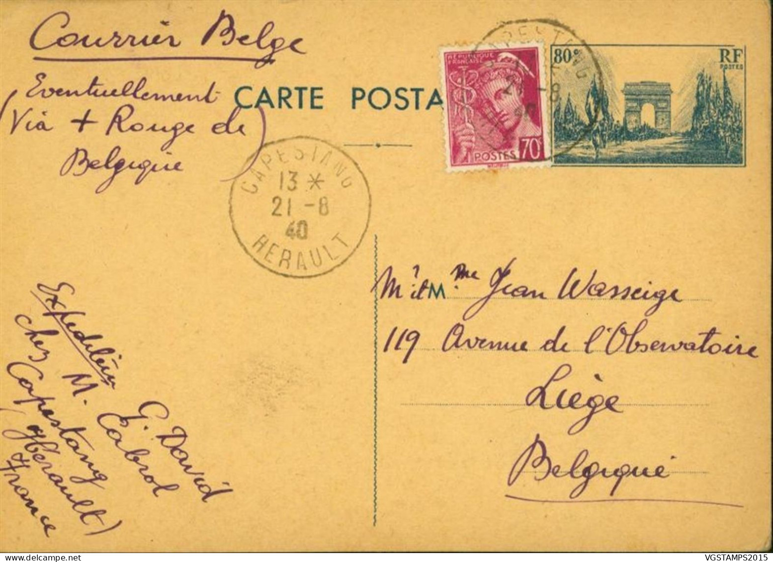 France 1940 - Carte Postale 403 CP2 De Capestang Vers Liège 70 C Lilas-rose Type Mercure Type II ... (EB) DC-12314 - 1938-42 Mercure