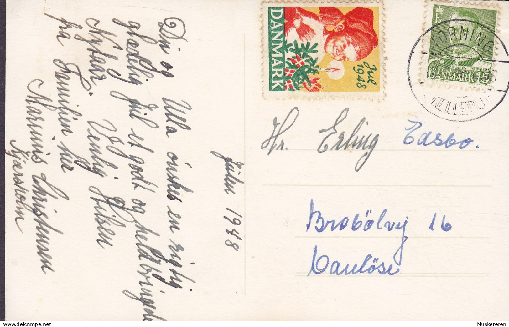 Denmark PPC Glædelig Jul Artist : Johib. Brotype IId TORNING Pr. KJELLERUP 1948 W. Christmas Seal (2 Scans) - Lettres & Documents