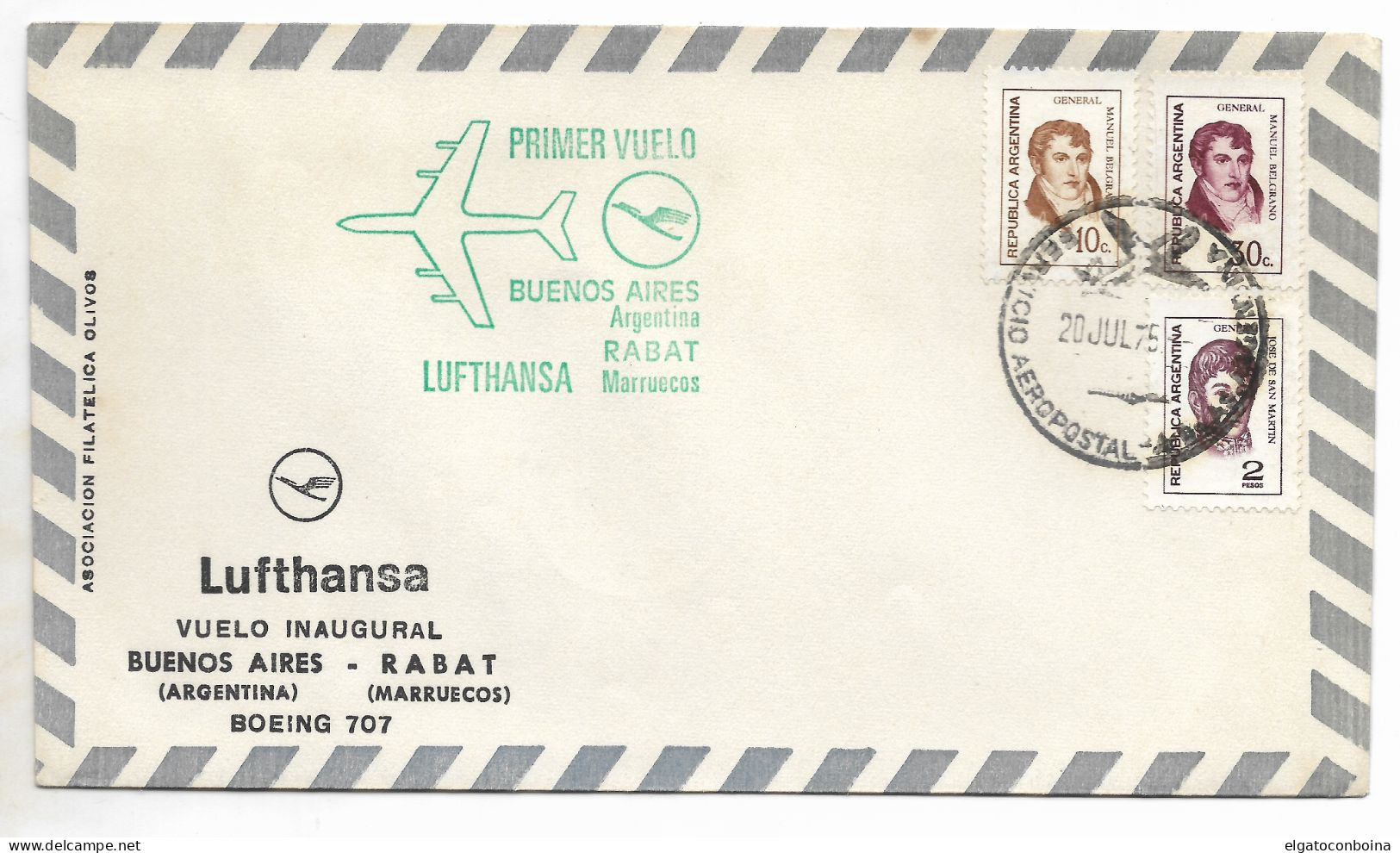 ARGENTINA 1975 INAUGURAL FLIGHT BUENOS AIRES- RABAT MOROCCO AVIATION PLANE BOEING707 - FDC