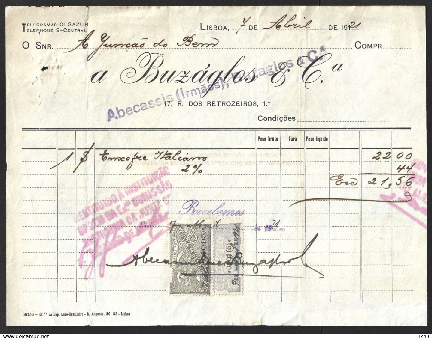 Perfin (A.I.) Abecasis (Brother), Buzaglo And Cª. 1921 Invoice With Perforated $01 Tax Stamps. Perfin (A.I.) Abecasis - Portugal