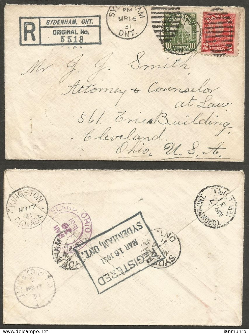 1931 Registered Cover 12c Arch/Library RPO Duplex Sydenham Ontario To USA - Historia Postale