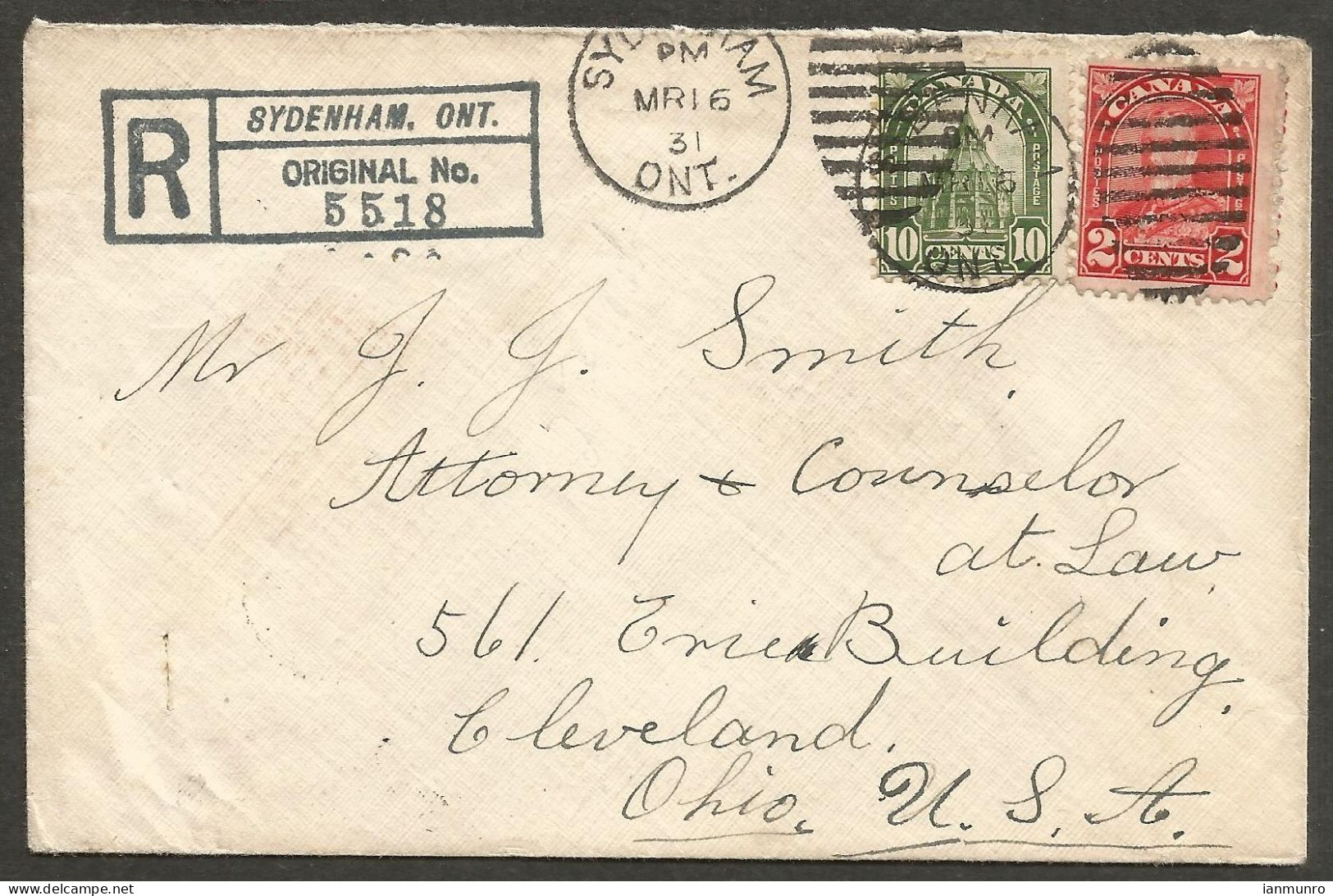 1931 Registered Cover 12c Arch/Library RPO Duplex Sydenham Ontario To USA - Histoire Postale