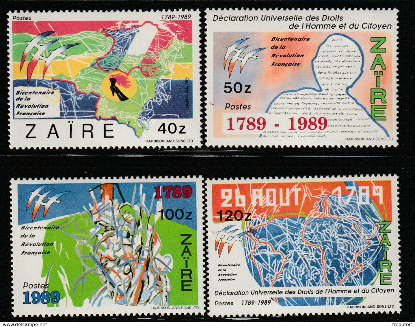 ZAIRE - N°1251/4 ** (1990) Bicentenaire De La Révolution Française - Neufs