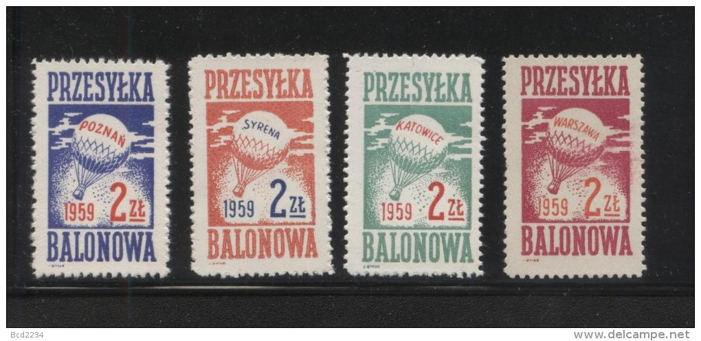 POLAND 1959 BALLOON POST STAMPS SET OF 4 NHM WARSZAWA KATOWICE POZNAN SYRENA BALLOONS FLIGHT TRANSPORT - Balloons