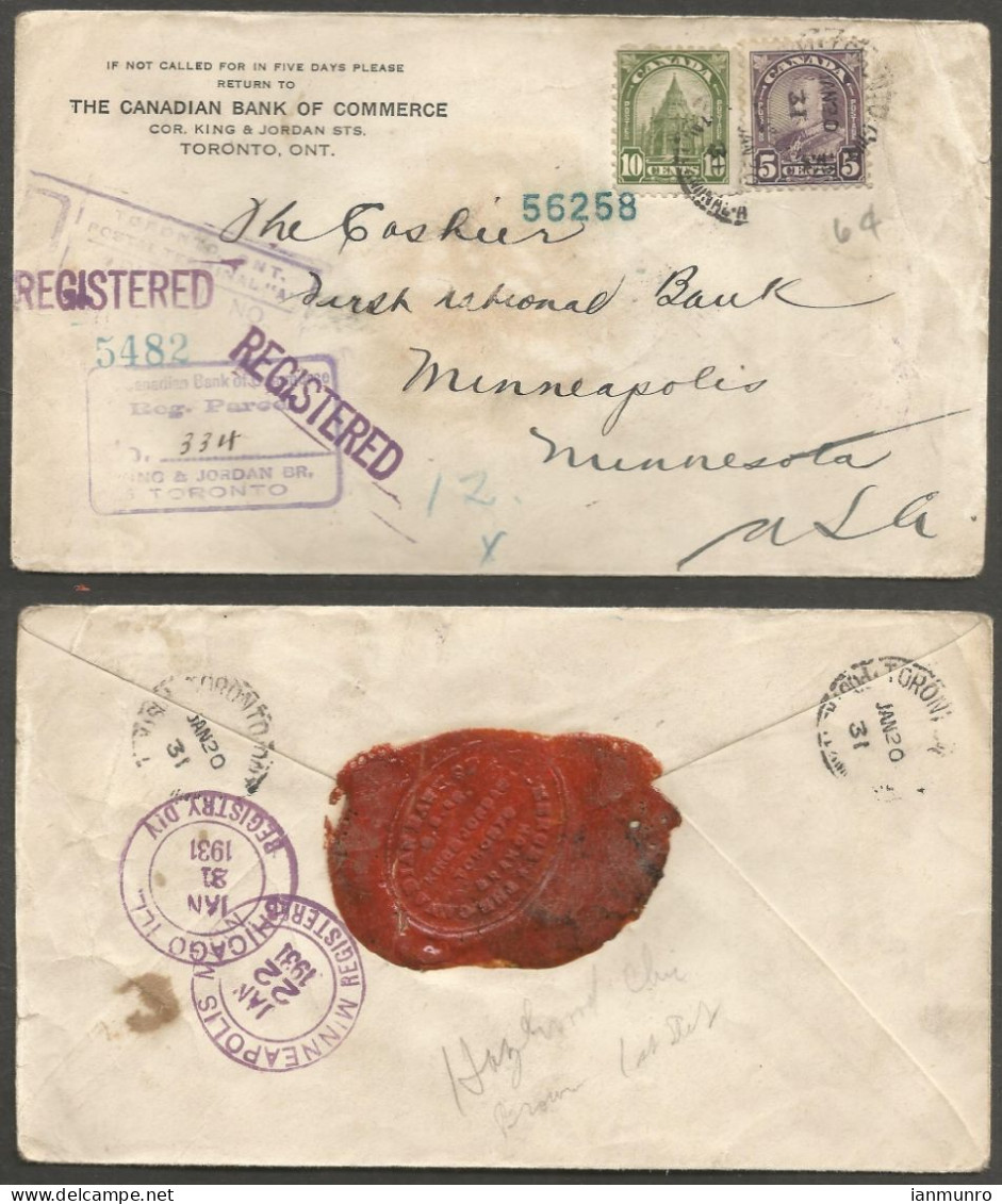 1931 Wax Seal On Bank Of Commerce Registered Cover 15c Arch/Library CDS Toronto Ontario - Postal History