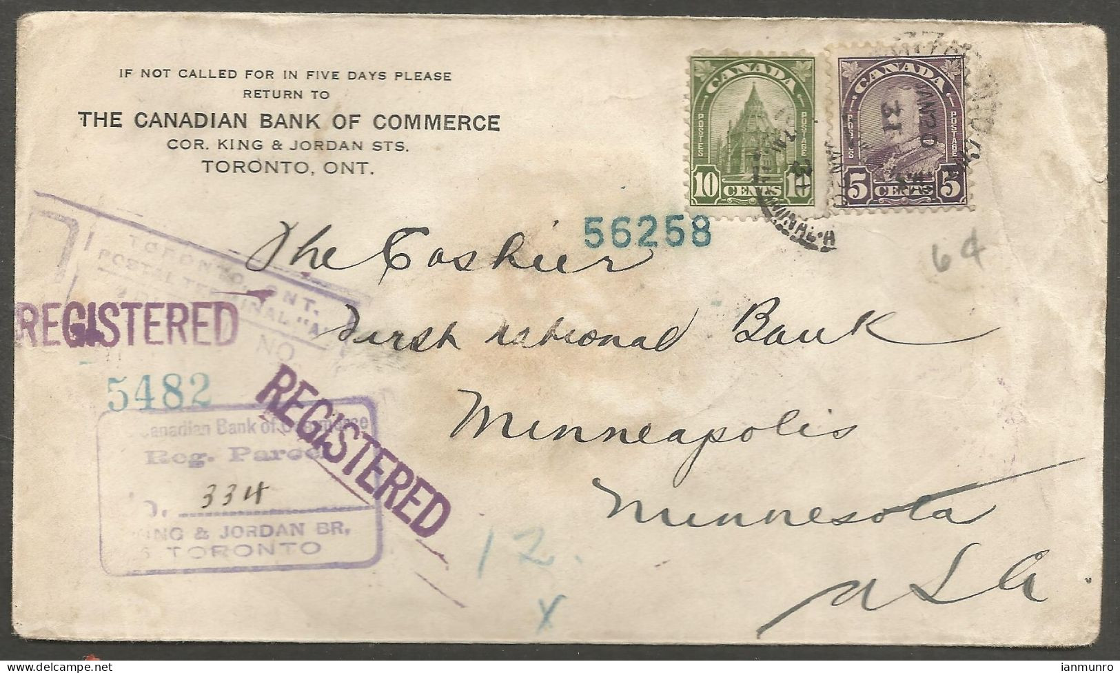 1931 Wax Seal On Bank Of Commerce Registered Cover 15c Arch/Library CDS Toronto Ontario - Postal History