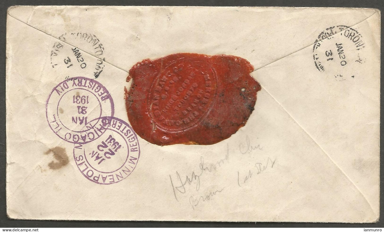 1931 Wax Seal On Bank Of Commerce Registered Cover 15c Arch/Library CDS Toronto Ontario - Histoire Postale