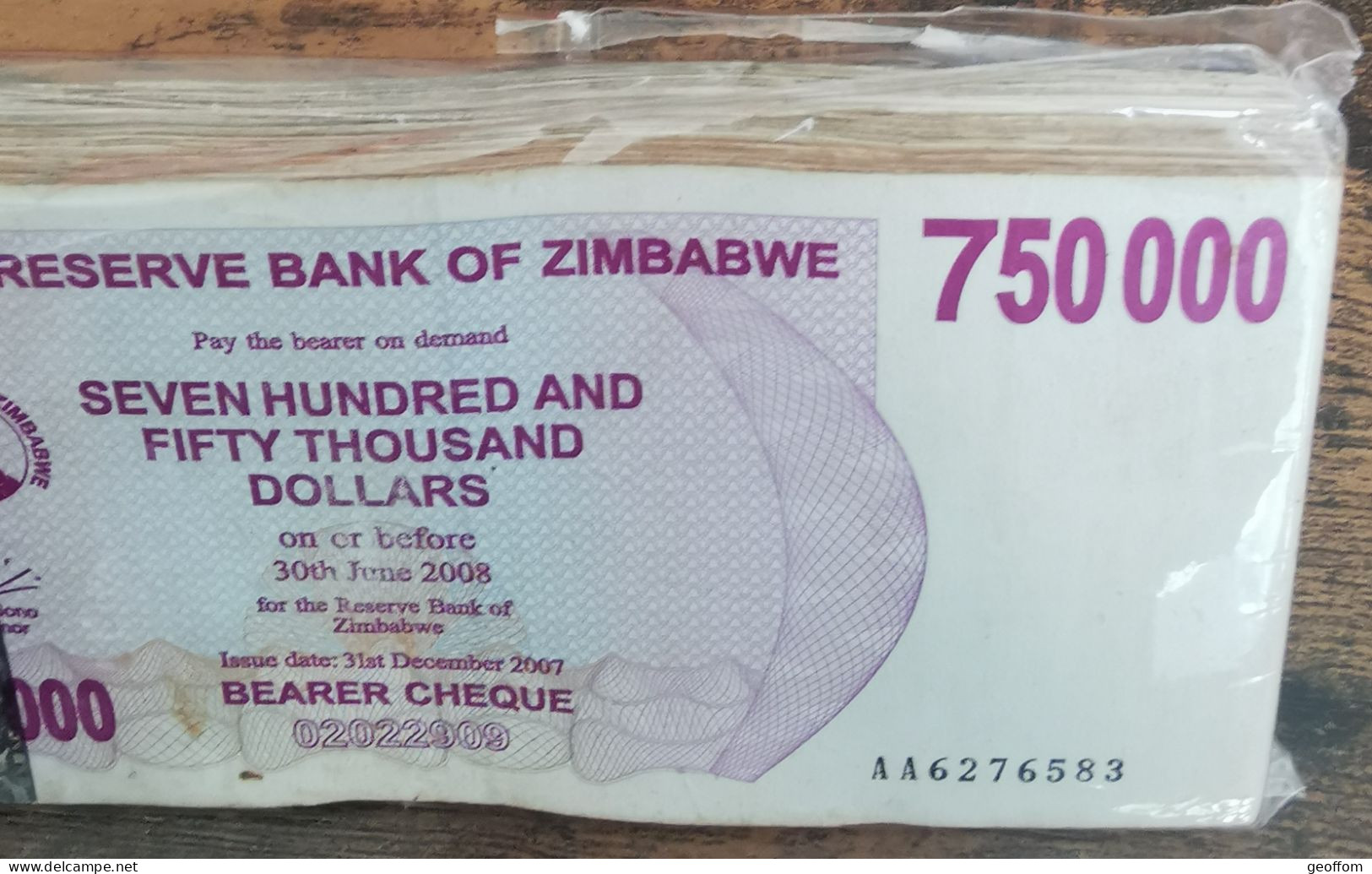 Bundle 100 Billets 750000 Dollars ZIMBABWE 2007 - 750.000 $ - 100 Pcs - Simbabwe