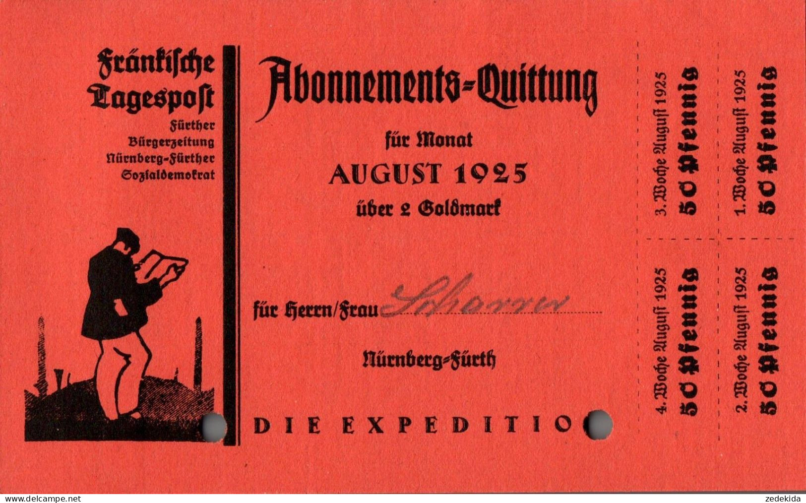 G9208 - Nürnberg Fürth Fränkische Tagespost Abo Quittung Zahlschein Goldmark - 1900 – 1949