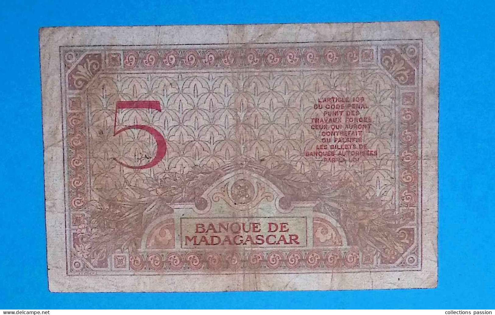 Billet, Banque De Madagascar, Cinq, 5 Francs,  2 Scans - Madagaskar