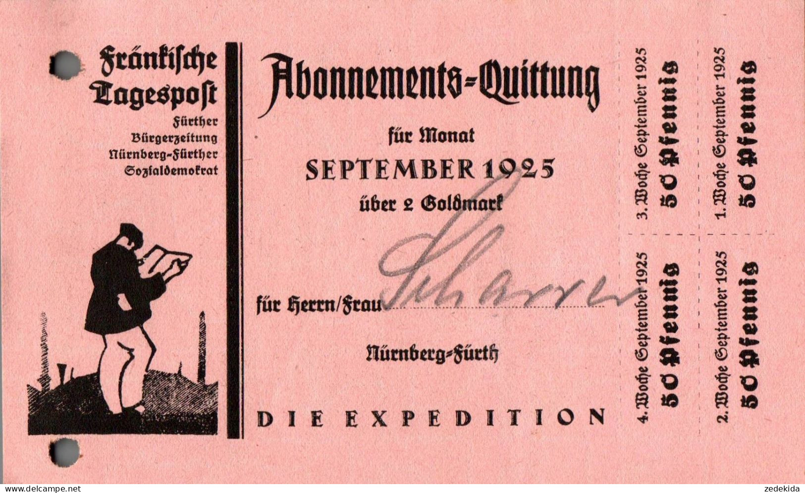 G9211 - Nürnberg Fürth Fränkische Tagespost Abo Quittung Zahlschein Goldmark - 1900 – 1949